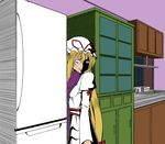  1girl blonde_hair cabinet dress hat headwear horror_(theme) kitchen long_hair looking_at_viewer refrigerator ribbon sink solo sukima_onna tetsua_rei too_literal touhou urban_legend very_long_hair yakumo_yukari 