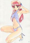  armpits arms_up bikini criss-cross_halter eyebrows_visible_through_hair full_body half_updo halterneck high_heels highres long_hair navel page_number parted_lips pink_hair polorinken pumps red_eyes sawatari_honoka scan sentimental_graffiti shoes solo squatting swimsuit white_background white_footwear white_swimsuit 