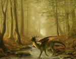  ambiguous_gender antlers branches claws creek detailed_background dragon feral forest green_dragon horn invalid_tag leaves male moss nambroth outside rocks scalie signature tree verd water watermark wings wood 