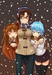  :3 ayanami_rei black_legwear blue_eyes blue_hair blush breasts casual eating food gloves green_eyes hair_ornament hairband large_breasts long_hair makinami_mari_illustrious medium_breasts multiple_girls murata_isshin neon_genesis_evangelion orange_hair pantyhose rebuild_of_evangelion scarf shikinami_asuka_langley short_hair skirt snow souryuu_asuka_langley taiyaki thighhighs twintails wagashi winter winter_clothes 