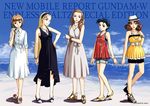  90s alternate_hairstyle anklet artist_name bangs bare_shoulders beach black_hair blonde_hair blue_eyes blunt_bangs bow bracelet brown_eyes brown_hair casual catherine_bloom copyright_name denim denim_shorts dorothy_catalonia dress earrings eyebrows fashion forked_eyebrows gundam gundam_wing hair_bow hair_pulled_back hairband hat high_heels hilde_schbeiker jewelry legs lips lipstick looking_at_viewer makeup moka_(choco_liliy) multiple_girls purple_eyes relena_peacecraft sally_po sandals scrunchie shirt shoes shore short_hair shorts smile striped striped_shirt water waves 