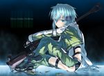  blue_hair blush boots bullet gun hair_ornament makie_fujiyuki pgm_hecate_ii rifle short_hair sinon sitting sniper_rifle solo sword_art_online thigh_strap weapon 