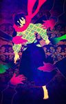  acid_trip alice0hatter barefoot colorful disembodied_limb glasses hakama highres itoshiki_nozomu japanese_clothes kimono male_focus official_style outstretched_hand patterned_background profile sayonara_zetsubou_sensei scarf shosei 