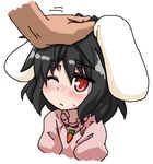  animal_ears black_hair blush bunny_ears carrot deku_(dekunosu) face inaba_tewi jewelry one_eye_closed out_of_frame pendant petting red_eyes short_hair simple_background solo_focus touhou upper_body white_background wince 