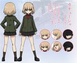  black_footwear black_legwear black_skirt blonde_hair blue_eyes character_sheet concept_art dress_shirt expressions frown girls_und_panzer green_jacket hands_on_hips jacket katyusha long_sleeves military miniskirt multiple_views official_art pleated_skirt pravda_school_uniform red_shirt school_uniform shirt shoes short_hair skirt socks standing staring sugimoto_isao translated turnaround turtleneck uniform 