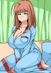  =_= ahoge breasts brown_hair cleavage highres huge_breasts komusou_(jinrikisha) long_hair ooba_minori original pajamas solo v_arms waking_up 