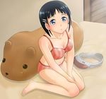  amusphere barefoot bed black_hair blue_eyes bra breasts capybara-san cleavage hair_ornament hairclip head_mounted_display kirigaya_suguha medium_breasts navel panties sato_non solo sword_art_online underwear underwear_only 