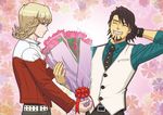  barnaby_brooks_jr blonde_hair blush bouquet brown_eyes brown_hair facial_hair flower glasses green_eyes hand_behind_head jacket kaburagi_t_kotetsu mankappa multiple_boys necktie red_jacket stubble tiger_&amp;_bunny vest waistcoat 