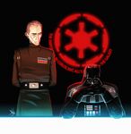  armor belt cape cyborg darth_vader fuyutsuki_kouzou galactic_empire gendou_pose gloves hands_clasped helmet ikari_gendou logo military military_uniform multiple_boys neon_genesis_evangelion nerv own_hands_together parody roguetwo science_fiction sitting star_wars table uniform wilhuff_tarkin 