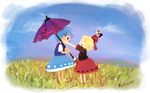  blonde_hair blue_eyes blue_hair blush_stickers bow cloud day doll dress field flower hair_bow hair_ribbon heterochromia karakasa_obake medicine_melancholy multiple_girls open_mouth purple_umbrella red_eyes ribbon rubin short_hair skirt sky su-san tatara_kogasa touhou umbrella 