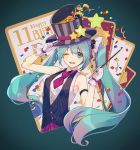  ;d arm_strap black_hat blue_eyes blue_hair dress_shirt eyebrows_visible_through_hair floating_hair gloves gradient_hair green_background hair_between_eyes hair_over_one_eye hat hat_ribbon hatsune_miku holding holding_wand long_hair multicolored_hair nagu necktie one_eye_closed open_mouth pink_hair pleated_skirt red_neckwear red_ribbon red_skirt ribbon shirt short_necktie skirt sleeveless sleeveless_shirt smile solo star_hat_ornament striped_hat twintails two-tone_hair upper_body very_long_hair vocaloid wand white_gloves white_shirt 