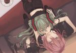  blue_eyes couch from_above green_hair hatsune_miku kyouya_(mukuro238) long_hair looking_at_viewer looking_up megurine_luka multiple_girls smile stuffed_animal stuffed_toy twintails upside-down vocaloid yuri 