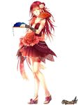  anklet bridal_gauntlets end_breaker! fan flower hair_flower hair_ornament jewelry leg_garter long_hair non-web_source red red_hair red_skirt sandals skirt yellow_eyes 