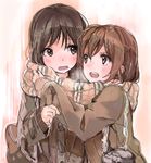  :d bag blush brown_hair coat copyright_request kirisawa_saki long_hair multiple_girls open_mouth scarf shared_scarf short_hair smile 