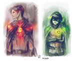  2boys akimao batman_(series) belt brother brothers crossed_arms damian_wayne dc_comics domino_mask family gloves hood male male_focus mask mask_removed multiple_boys pixiv_thumbnail red_robin resized robin_(dc) siblings tim_drake unmasked 