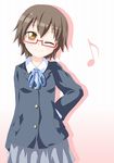  black_hair brown_eyes dress_shirt glasses hand_on_hip k-on! kagerou_(kers) manabe_nodoka musical_note one_eye_closed red-framed_eyewear sakuragaoka_high_school_uniform school_uniform shirt short_hair skirt smile solo 