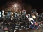  aerial_fireworks artist_name bag black_eyes brown_hair building city cityscape colorized fan fireworks flower hair_flower hair_ornament ichiba_youichi japanese_clothes kamamau kimono long_hair looking_back night night_sky obi original paper_fan real_world_location sash shinjuku sitting sitting_on_roof sky tokyo_(city) tokyo_city_hall translated uchiwa 