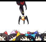  black_hair blue_hair bow brown_eyes brown_hair cerberus_(r-type) claws closed_eyes crane_game hair_bow hair_tubes hakurei_reimu happy letterboxed mochizuki_ado multiple_persona no_humans pink_eyes r-type red_eyes simple_background touhou yellow_eyes yukkuri_shiteitte_ne 