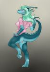  anus bleuhawke blue_body bottomless breasts claws clothed clothing collaboration digitigrade dragon female green_hair hair half-dressed hindpaw jewelry kindle_(artist) paws plain_background pussy pussy_juice scalie shirt skimpy soles solo standing toes 