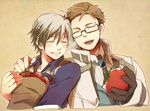  bag black_hair brothers brown_hair closed_eyes coat glasses gloves grey_hair grin grocery_bag isago_(ica) julius_will_kresnik ludger_will_kresnik male_focus multicolored_hair multiple_boys sepia_background shopping_bag siblings smile tales_of_(series) tales_of_xillia tales_of_xillia_2 tomato two-tone_hair 