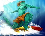  biceps blue_skin brown_fur brown_hair bulge fasttrack37d fish fur green_eyes green_skin hair male marine muscles outside pecs scalie sea seaside shark solo surfboard surfer surfing trunks trunks_(clothing) water wave 