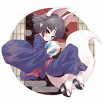  animal_ears bangs blunt_bangs blush bow deku_(dekunosu) extra_ears facial_mark fetal_position flat_chest forehead_mark fox_ears fox_tail full_body grey_hair hair_ribbon half_updo hasaha hikimayu holding japanese_clothes kimono leaf_print long_sleeves looking_at_viewer plantar_flexion platform_footwear pointy_ears profile purple_eyes ribbon sandals shoe_dangle short_hair solo summon_night summon_night_2 tabi tail transparent 