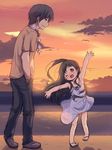  1girl ;d anyannko black_hair brown_eyes cloud highres long_hair ocean one_eye_closed open_mouth original outstretched_arms sandals sketch sky smile spread_arms sunset 
