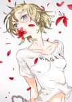 arakawa_(aintnoroom) biting blonde_hair blue_eyes chain clothes_writing flower navel original petals shirt short_hair solo t-shirt 