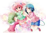  :d blue_hair casual child closed_eyes dress green_eyes green_hair grin hair_bobbles hair_ornament hairclip holding_hands interlocked_fingers kaname_madoka long_hair mahou_shoujo_madoka_magica miki_sayaka multiple_girls open_mouth pink_eyes pink_hair shizuki_hitomi short_hair short_twintails shorts smile twintails younger yuuhi_alpha 