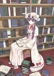  blush book book_stack bookshelf bow capelet chair crescent dress full_body hat highres holding holding_book kamata_yuuya library long_hair looking_at_viewer open_book patchouli_knowledge purple_eyes purple_hair sitting solo too_many too_many_books touhou voile 