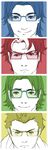  4boys angry batman_(series) blue blue_eyes brother brothers damian_wayne dc_comics dick_grayson face family frown glasses green green_eyes happy highres jason_todd long_image male male_focus monochrome multicolored_hair multiple_boys nightwing red red_hood_(dc) robin_(dc) serious shueisha siblings smile tall_image tim_drake two-tone_hair worried yellow 