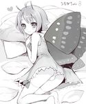  ahoge androgynous antennae blush butterfly_wings character_name heart lying male_focus mars_symbol monochrome nemunemu_(candy_paddle) on_side otoko_no_ko panties pillow shimon shimotsuma short_hair sketch smile solo thighhighs underwear white_panties wings 