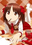  absurdres akahige argyle argyle_background brown_eyes brown_hair food hair_ribbon heart highres lying necktie on_stomach open_mouth original pocky ribbon skirt solo twintails 