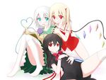  aqua_eyes bad_id bad_pixiv_id black_hair blonde_hair bottomless dress flandre_scarlet hair_ribbon heart highres houjuu_nue kneehighs komeiji_koishi long_hair multiple_girls no_pants pspmaru red_eyes red_ribbon ribbon side_ponytail silver_hair skirt smile stage_connection thighhighs touhou white_legwear wings 