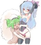  armpits arms_up blue_hair blush breasts closed_eyes covered_nipples elbow_gloves facial_mark gen_5_pokemon gloves green_hair homura_subaru hydreigon long_hair multiple_girls open_mouth panties personification pink_panties pokemon red_eyes simple_background small_breasts smile thighhighs underwear whimsicott white_background yuri 