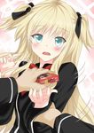  aldehyde arm_holding blonde_hair blue_eyes blush food holding long_hair open_mouth out_of_frame pocky pov pov_hands quiz_magic_academy school_uniform shalon solo_focus two_side_up 
