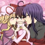  black_hair blonde_hair blush bow closed_eyes food hair_bow hair_tubes hakurei_reimu hat hat_ribbon kurobane long_hair m.u.g.e.n multiple_girls open_mouth original pocky pocky_kiss purple_hair red_eyes ribbon sendai_hakurei_no_miko shared_food short_hair smile strawberry_pocky touhou yakumo_yukari yuri 