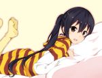  :d black_eyes black_hair blush brown_eyes hood hoodie k-on! legs_up long_hair lying nakano_azusa on_stomach open_mouth outline pillow plus9 sleepwear smile solo striped twintails yellow_legwear 