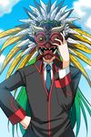  ashikaga_tamane bad_id bad_pixiv_id blue_neckwear day hand_on_hip hand_up little_busters! long_sleeves male_focus mask mask_the_saito natsume_kyousuke necktie school_uniform solo spoilers 