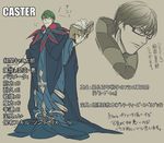  book caster_(fate/zero) caster_(fate/zero)_(cosplay) character_sheet cloak cosplay fate/zero fate_(series) glasses green_eyes kisaragi_kokoro_(hazuki) kuroko_no_basuke male_focus midorima_shintarou parody partially_colored prelati's_spellbook sketch translation_request 