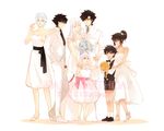  4girls amore1989 black_eyes black_hair blue_eyes blue_hair bouquet child emiya_kiritsugu facial_hair fate/zero fate_(series) flower formal highres illyasviel_von_einzbern irisviel_von_einzbern long_hair multiple_boys multiple_girls multiple_persona natalia_kaminski older red_eyes shirley_(fate/zero) short_hair stubble suit teenage white_hair white_suit younger 