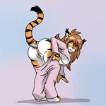  aggrobadger bent_over breasts brown_fur brown_hair butt clothing feline female flora_(twokinds) hair looking_at_viewer looking_back nipples pajamas plain_background pussy raised_tail solo standing stripes tiger twokinds undressing yellow_eyes 
