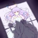  bow breasts coo crescent dress hair_bow hat hat_removed headwear_removed highres large_breasts long_hair lying on_back patchouli_knowledge purple_eyes purple_hair shadow solo striped touhou vertical_stripes 