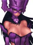  bare_shoulders black_hair breasts cleavage dress elbow_gloves fumio_(rsqkr) galacta genderswap genderswap_(mtf) gloves helmet huge_breasts lips long_hair marvel nipple_slip nipples nose purple_eyes solo tan 