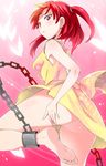  ankle_cuffs ass bad_id bad_pixiv_id bare_legs barefoot blush breasts chain cuffs dress feet kaya_(c14) legs looking_at_viewer looking_back magi_the_labyrinth_of_magic medium_breasts morgiana no_panties one_side_up red_eyes red_hair shackles short_hair sideboob soles solo star toes 