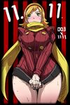  1girl blonde_hair blush breasts butcha-u curvy cyborg_009 francoise_arnoul green_eyes large_breasts long_hair pocky_day ribbed_sweater scarf shirt_tug sketch smiley_face solo sweat sweater thigh_gap wide_hips 