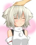  :o animal_ears bare_shoulders blush closed_eyes detached_sleeves face garasuita grey_hair inubashiri_momiji no_hat no_headwear out_of_frame petting short_hair simple_background solo_focus touhou wolf_ears 