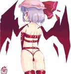  ass bad_id bad_pixiv_id blush butt_crack from_behind hat homura_subaru looking_back panties red_eyes red_legwear remilia_scarlet short_hair simple_background solo thighhighs thong touhou underwear white_background wings 