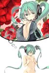  bad_id bad_pixiv_id blush breast_conscious breasts covering_nipples detached_sleeves flower furukawa_itsuse green_eyes green_hair hatsune_miku headset highres imagining large_breasts long_hair navel nude solo thought_bubble twintails very_long_hair vocaloid 