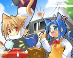  anger_vein animal_ears arcueid_brunestud blonde_hair blue_eyes blue_hair brown_hair cat cat_ears ciel fang hand_on_hip melty_blood multiple_girls nekoarc nekociel power_lines red_eyes sweatdrop tears telephone_pole toto_nemigi tsukihime yumizuka_satsuki 